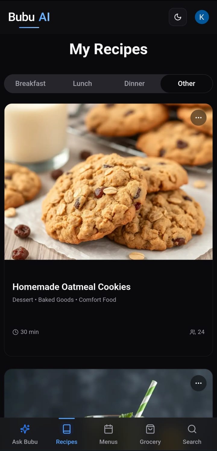 Recipe collection with dark theme showing oatmeal cookies