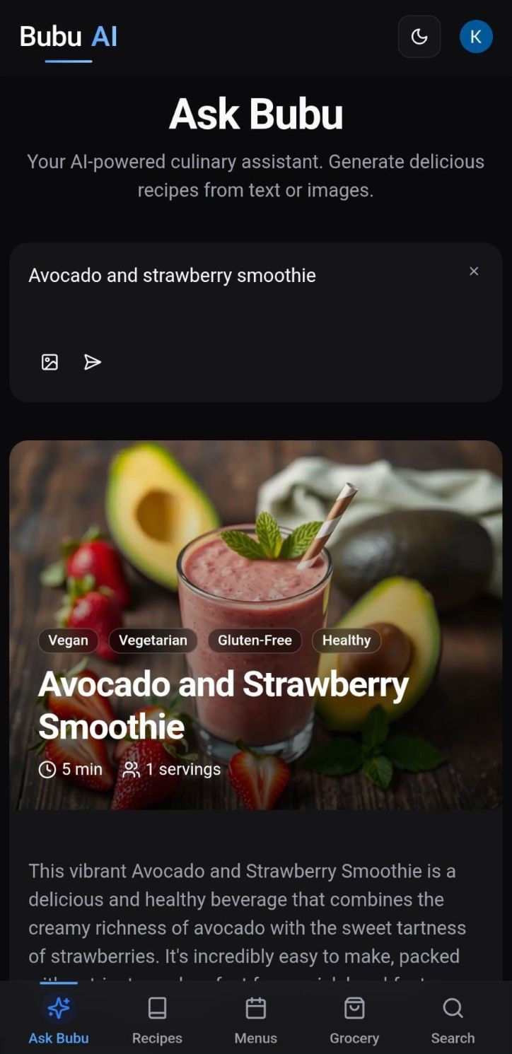 Bubu AI generating recipe in English - Avocado and Strawberry Smoothie