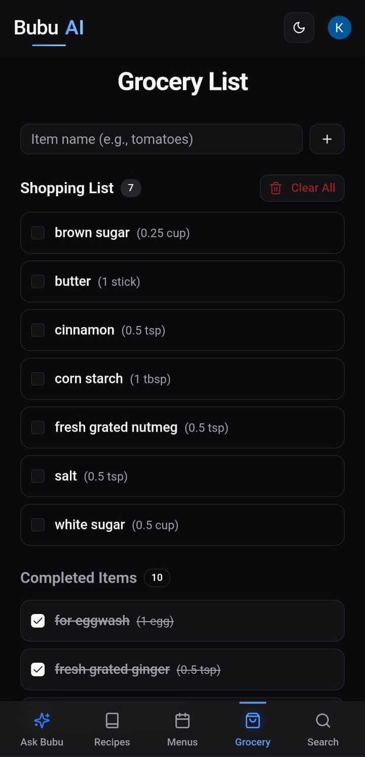 Smart grocery list with ingredient tracking