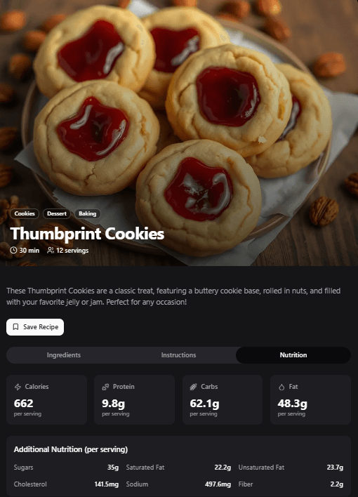 AI generated thumbprint cookies recipe with detailed information