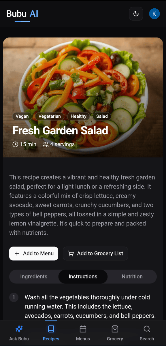 AI generated fresh garden salad recipe with ingredients and nutrition info