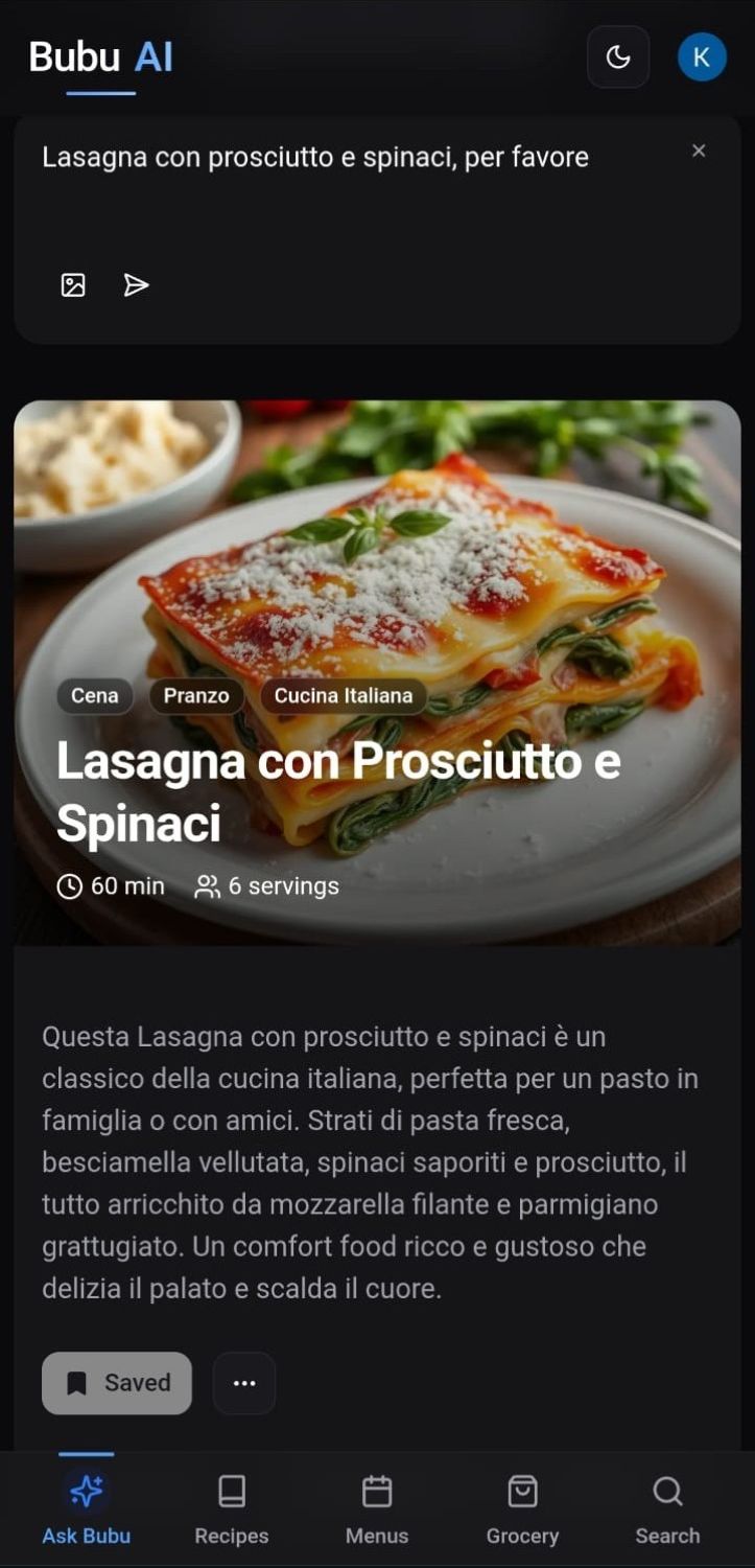 Bubu AI generating recipe in Italian - Lasagna con Prosciutto e Spinaci