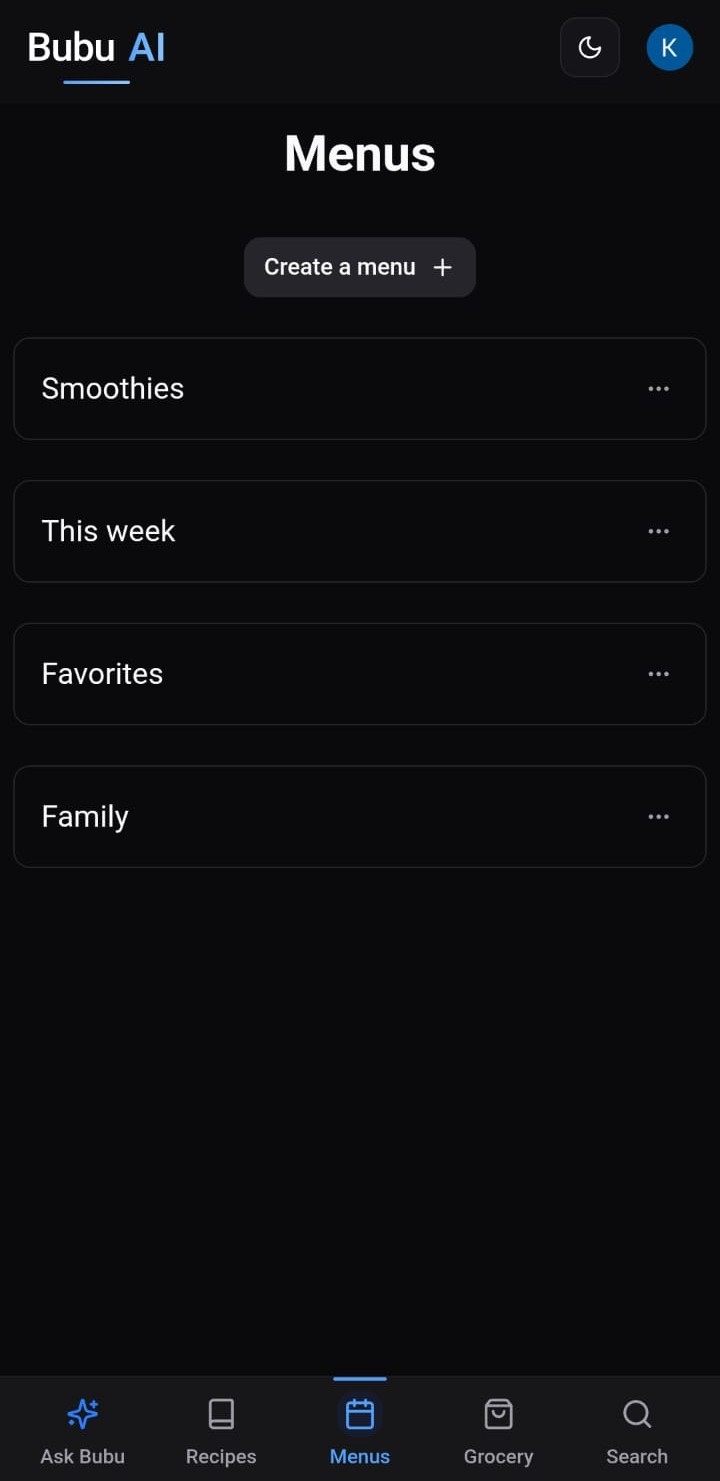 Menu planning interface with organized meal categories
