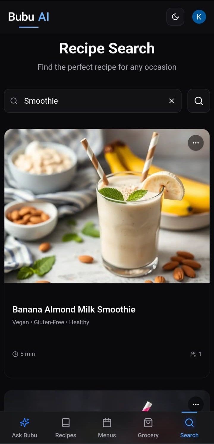 Recipe search interface with smoothie results