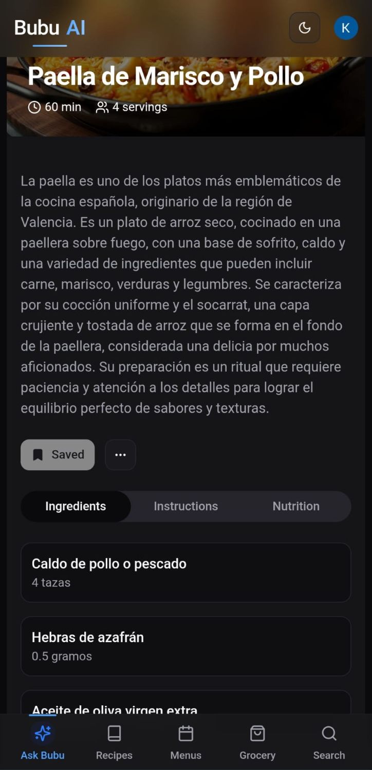 Bubu AI generating recipe in Spanish - Paella Mixta Tradicional