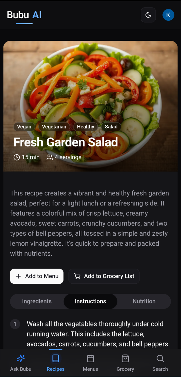 AI generated fresh garden salad recipe with ingredients and nutrition info
