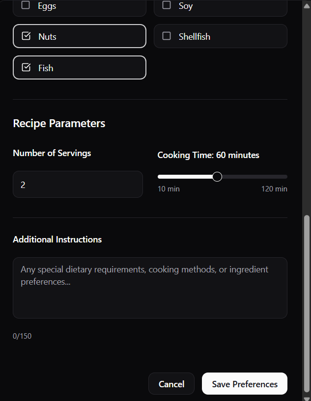 Bubu AI preferences interface showing dietary options, allergies, cooking time, serving size, and additional instructions